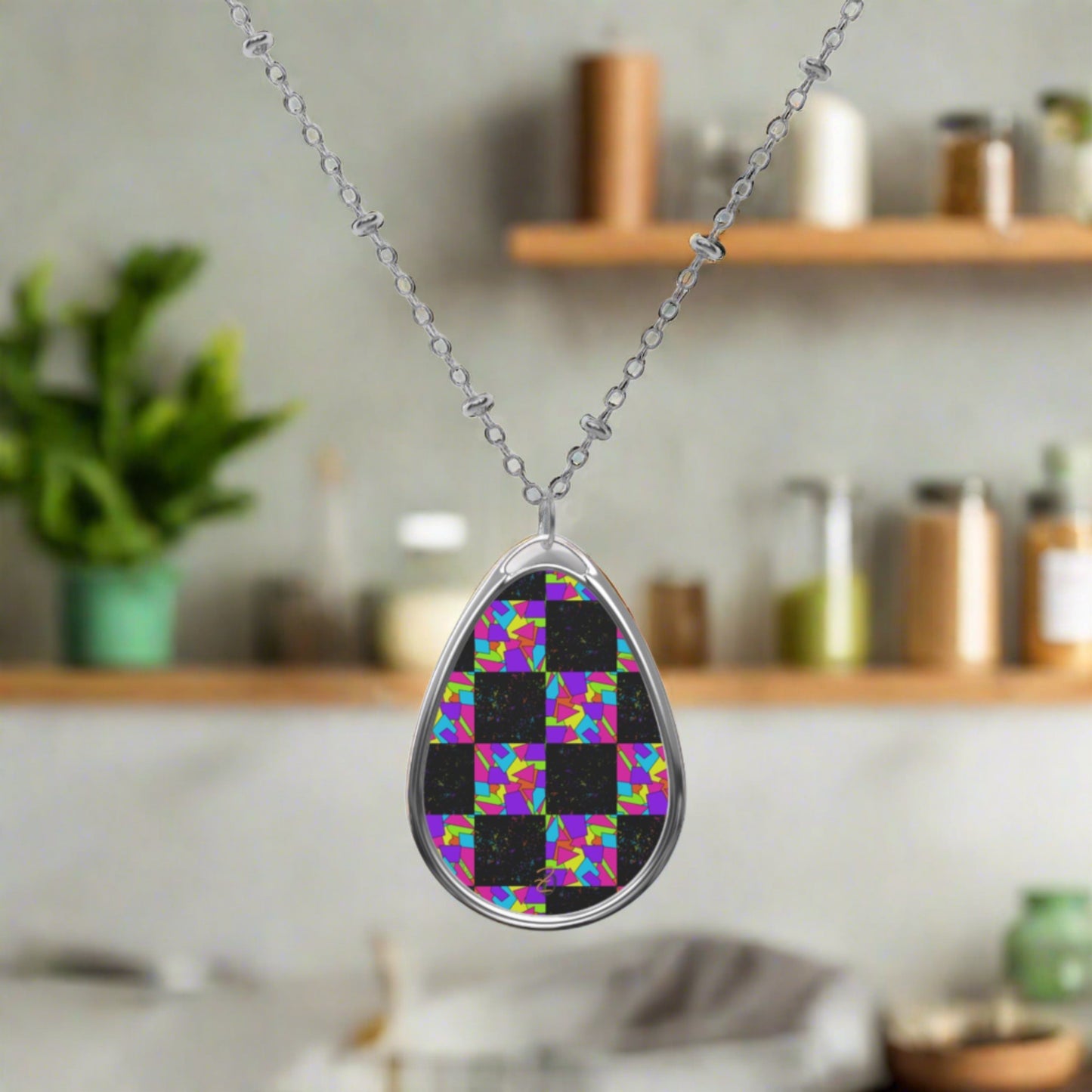 Dark Neon Sprinkles Oval Necklace - Design 7714